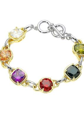 14K Gold Plated Two Tone Multi-Color Stone Bracelet Toggle Closure